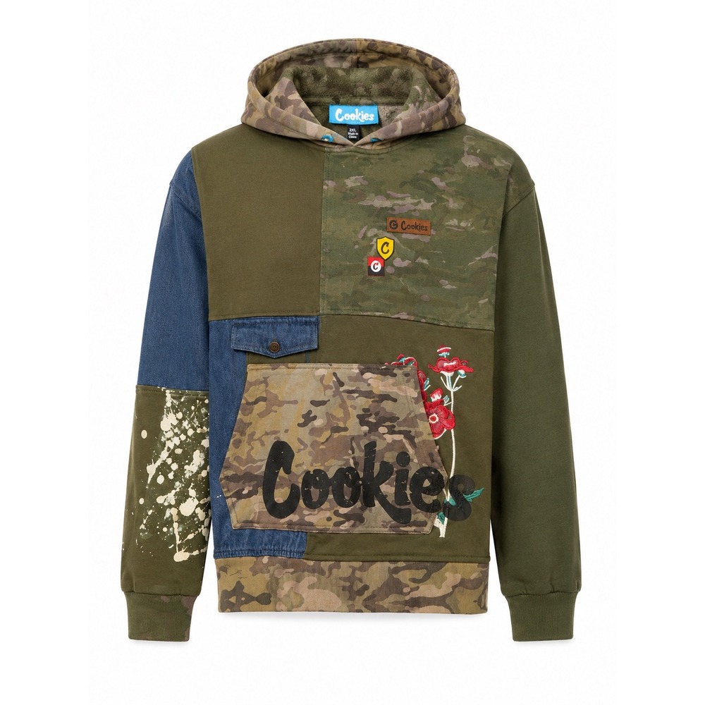 Cookies Camo Patchwork Denim Embroidered Hoodie Mens 2XL Green Blue